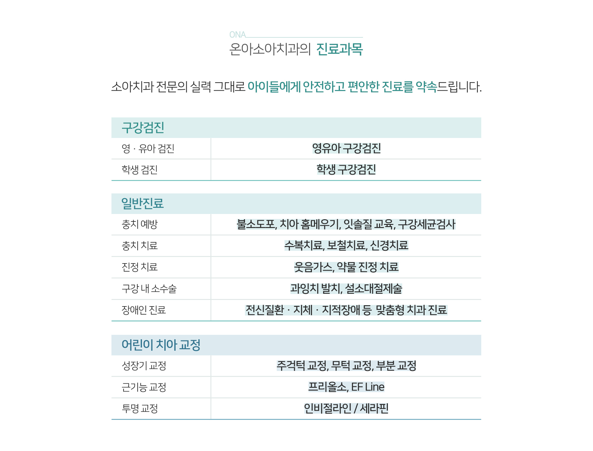 온아소아치과의 진료과목